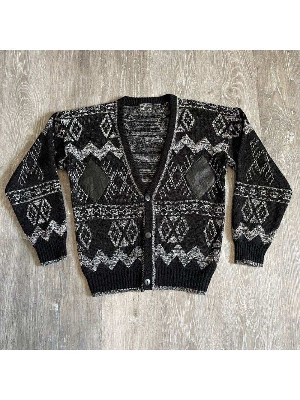 VTG Willow Bay Knit Cardigan Mens S Aztec Retro Sweater Grandpa Leather Trim